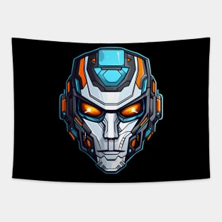 Intimidating Sci-Fi Cyborg Head with Fiery Eyes Tapestry