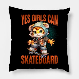 Yes Girls Can Skateboard - Cute Skateboarder Skater Cat Pillow