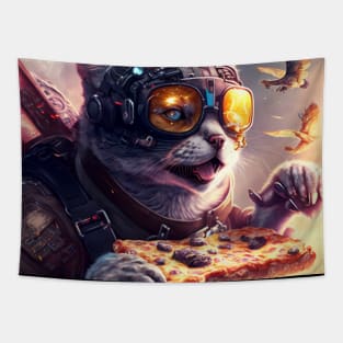 Funny Cat Flying and Eating Pizza Digital Artwork - Funny Birthday Gift Idea For Cat Lovers Tapestry