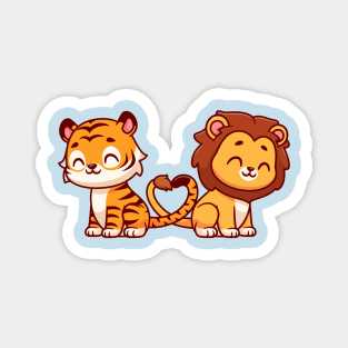 Cute Lion And Tiger Couple With Love Heart Tail Cartoon Magnet