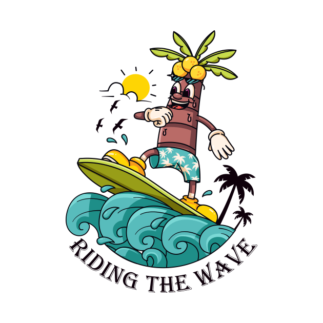 Riding the Wave, a coconut tree cartoon mascot who surfs the waves by Vyndesign