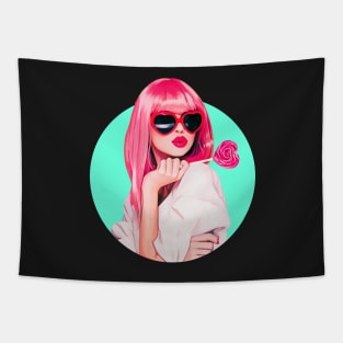 Cartoon pin up sexy woman lollipop sunglases big lips Tapestry