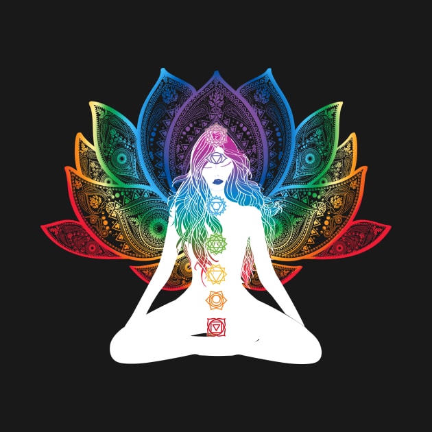 Rainbow Lotus Flower With Chakras Aligned Meditating Bohemian Girl by glintintheeye