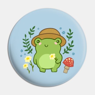 Cool Green Frog, Adorned with a Hat and Flowers, in the Mushroom World Pin