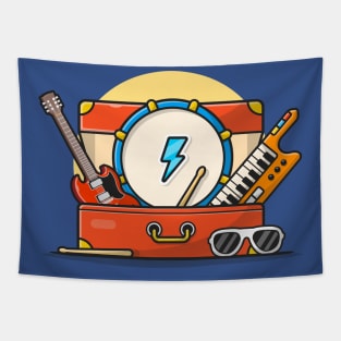 Music Instrument Concert Perform with Guitar, Drum, Piano, and Glasses Cartoon Vector Icon Illustration Tapestry