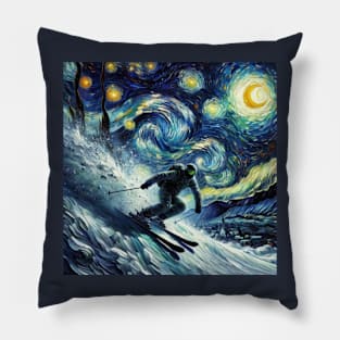 Skiing Starry Night-Inspired - Winter Sports Pillow