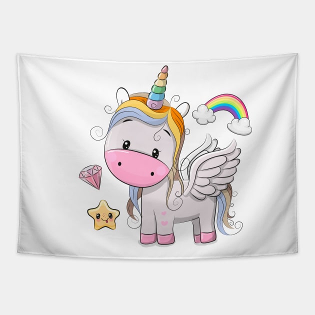 Cute baby Pegasus unicorn with a rainbow. Tapestry by Reginast777