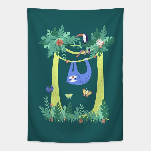 Sloth Hanging Around in the Forest Tapestry by latheandquill