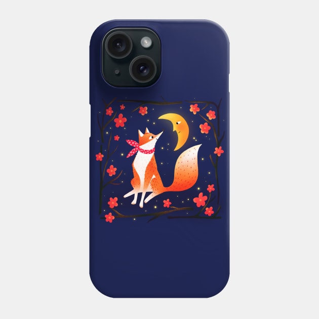 Cute fox, crescent moon and flowers, version 2 Phone Case by iulistration