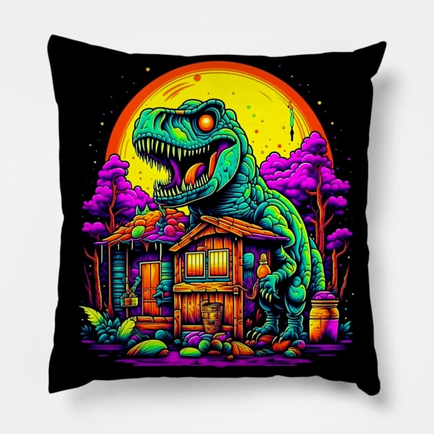 Trippy Night of the T-Rex Dinosaur Attack Pillow by vystudio