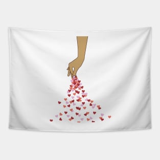 Hand sprinkling red and pink hearts, spread a hopefull message of love and care for each other! Warming Tapestry