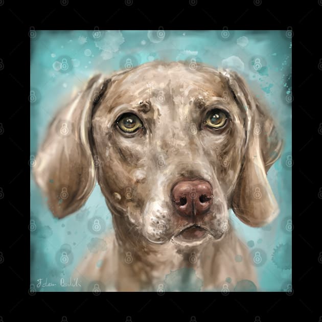 Painting of a n Adorable Grey Brown Weimaraner Dog on Blue Background by ibadishi