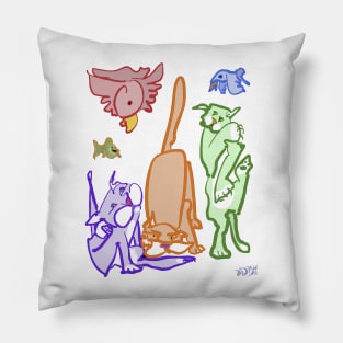 The Disposition of Cats, three cartoon kitties, two expressive  birds, and a fish Pillow