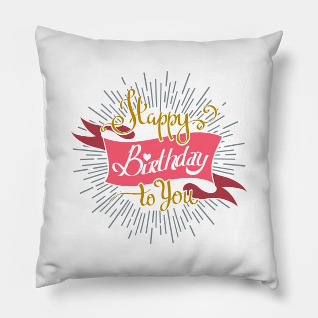 Hand Drawn Happy Birthday to You lettering on sun burst background. Birthday Invitation Retro Emblem. Pillow by devaleta