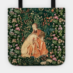 LADY AND UNICORN AMONG FLOWERS ,HARES,Red Green Floral Tote