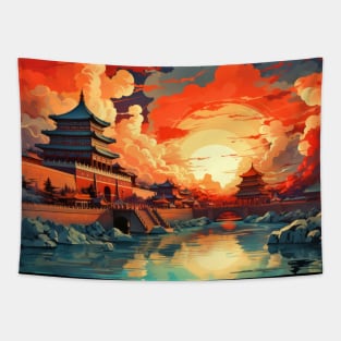 Oriental City Concept Abstract Colorful Scenery Painting Tapestry