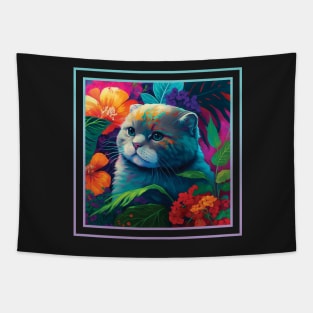 Pensive Scottish Fold Cat Vibrant Tropical Flower Digital Oil Painting Portrait Tapestry