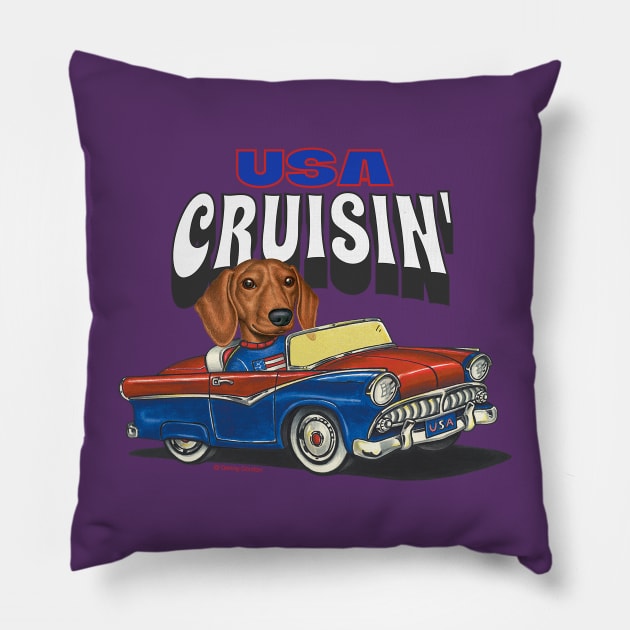 Funny and Cute Doxie Dachshund Dog driving a vintage auto cruising the USA Pillow by Danny Gordon Art