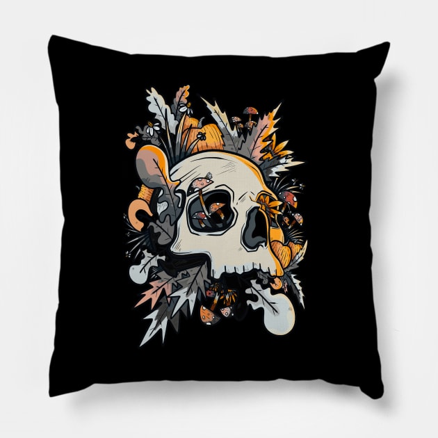 Mushrooms and the skull Pillow by Swadeillustrations
