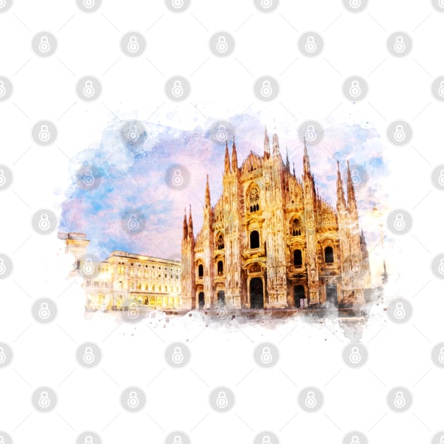 Piazza del Duomo, Milan Italia Watercolor Art City Landscape by Naumovski