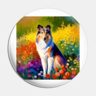 Rough Collie in a Flower Field Pin