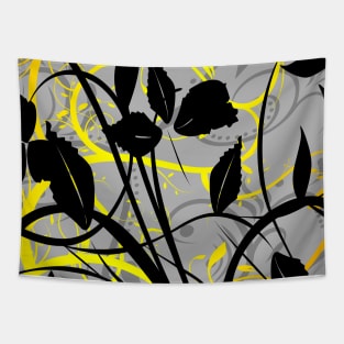 Black Leaves with Yellow Branches and Tribal Pattern Tapestry