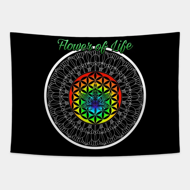 Cannabis Sacred Geometry Flower of Life Rainbow Tapestry by FitzGingerArt