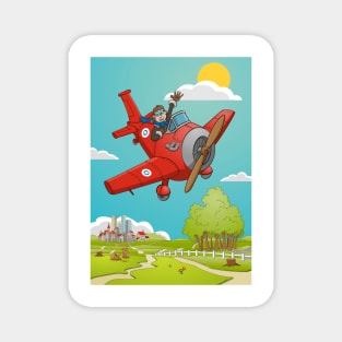 The waving pilot in his red airplane with landscape and background Magnet