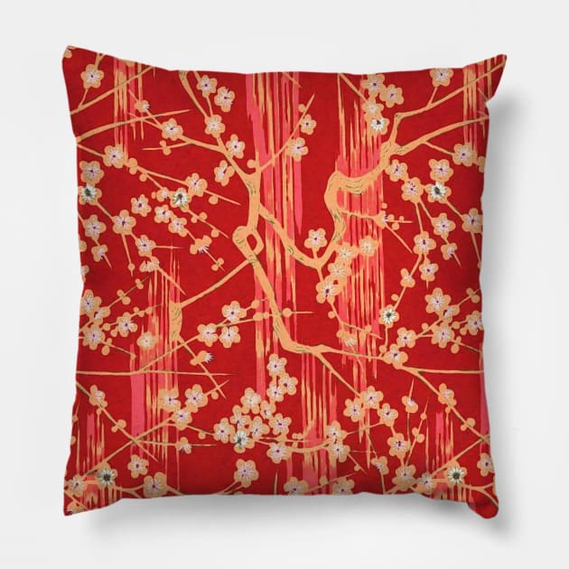 SAKURA FLOWERS IN RED Antique Japanese Floral Pattern Pillow by BulganLumini