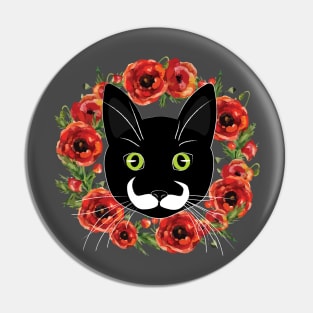 Mustache Cat with Flowers Pin