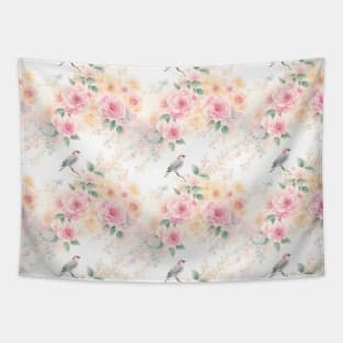 Watercolor Vibrant Wild Bird And Peony Flowers Tapestry