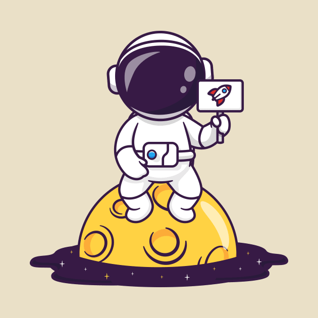 Cute Astronaut Sitting On Moon With Rocket Sign Cartoon by Catalyst Labs