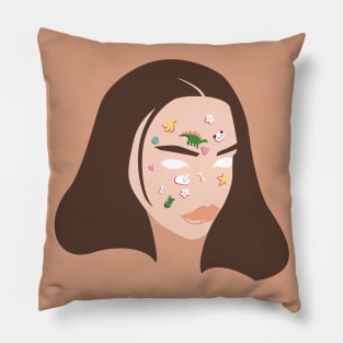 Sweet baby face girl with stickers (banana, panda, dinosaur, dino, leaf, star, heart) Pillow