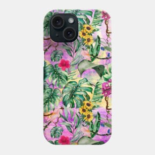 Cute tropical floral leaves botanical illustration, tropical plants,leaves and flowers, pink purple leaves pattern Phone Case