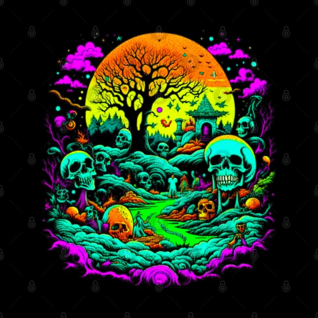 Magical Hut in Psychedelic Forest With Skulls, Macabre by vystudio