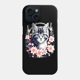 Black and Grey Kitten Surrounded by Spring Flowers Phone Case