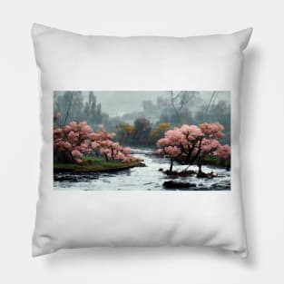 Cherry Blossom Trees by the River Oil Painting Pillow