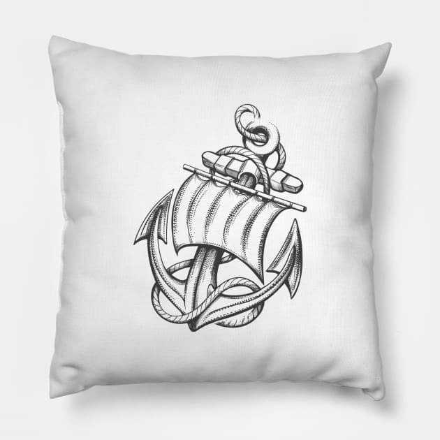 Ship Anchor with Sail and Ropes Tattoo drawn in Engraving Style. Pillow by devaleta