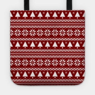 Dark Christmas Candy Apple Red Nordic Trees Stripe in White Tote