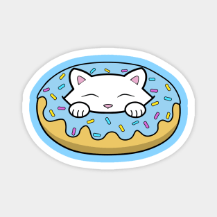 Cute white kitten eating a big blue doughnut with sprinkles on top of it Magnet