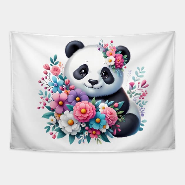 A panda decorated with beautiful colorful flowers. Tapestry by CreativeSparkzz