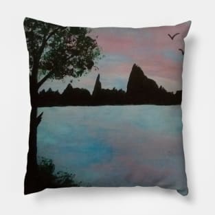 Sunset lake at the mountain bluffs; Pillow