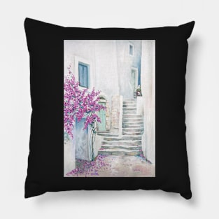 Mediterranean street with bouganville oil painting Pillow