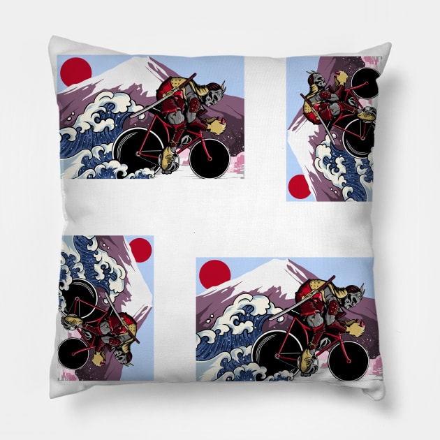 Japanese Samurai Cycling through Rushing Waves Pillow by PosterpartyCo