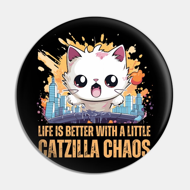 Funny Cute Catzilla Rampaging in a City Pin by BrushedbyRain