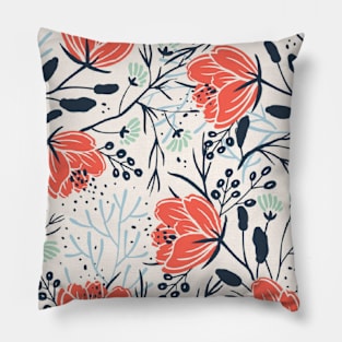 Orange, Coral, Navy Blue, Mint Green Floral on White Cream Pillow