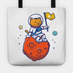 Cute Cat Astronaut Sitting On Moon With Flag Tote