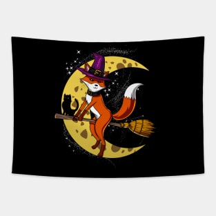 Fox Witch Riding A Broom Halloween Tapestry