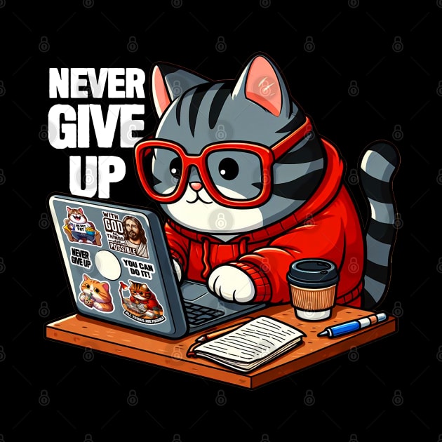 Never Give Up Chubby Tabby Cat Laptop Homework Hardworking Study Hard by Plushism