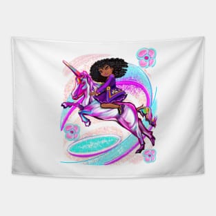 Curly hair Princess on a unicorn pony ii - black girl with curly afro hair on a horse. Black princess Tapestry